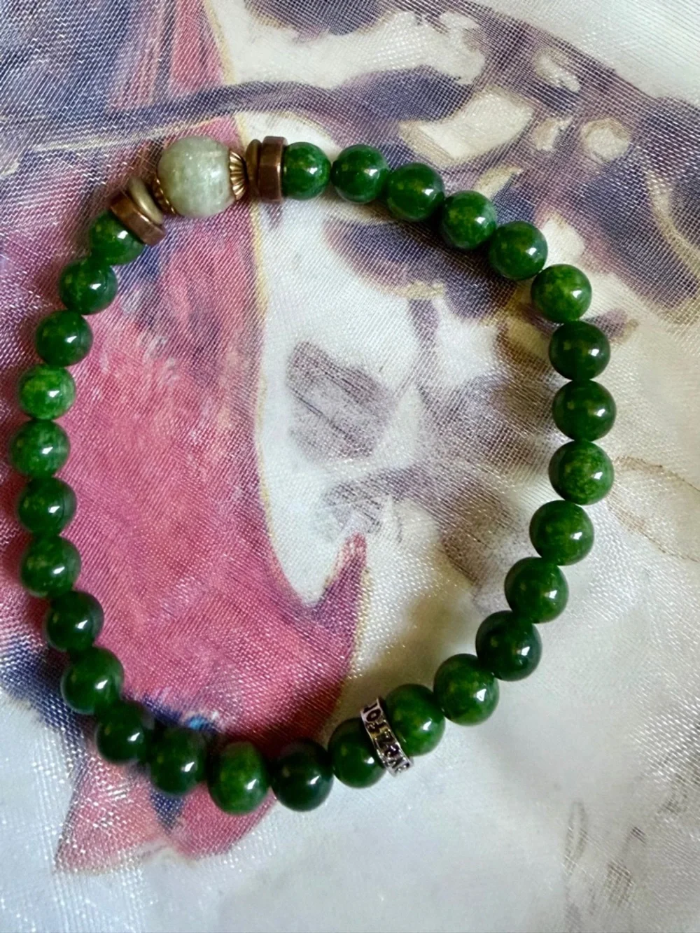 Boho Beaded Bracelet Stack • Gemstone Mix • Purple Green Gold Tones - Picture 7 of 8